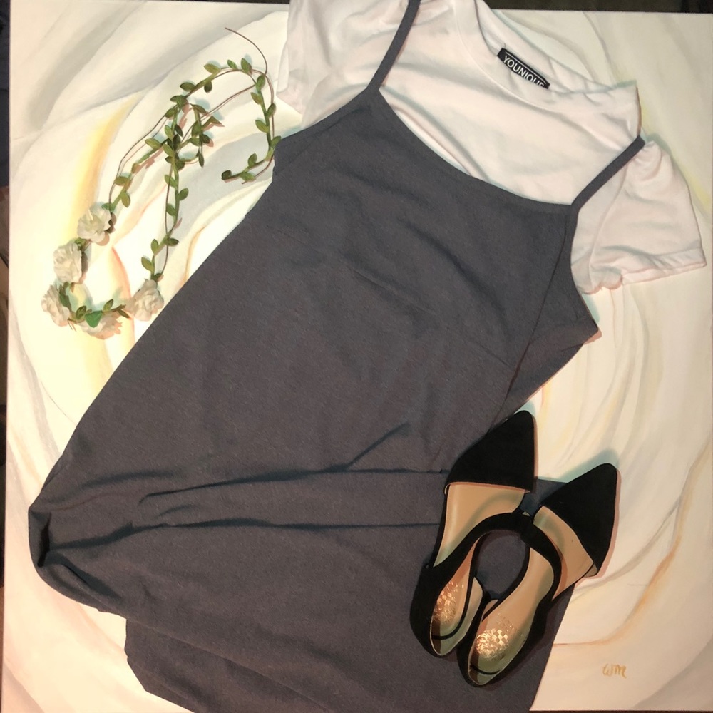 Grey maxi dress with white crop top underneath med